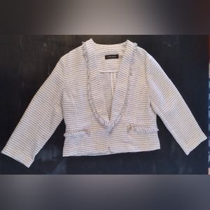 Black and White Stripped Blazer with Gold Zippers on the Pockets